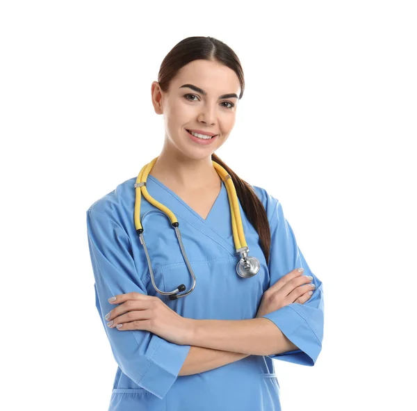 Porträt Eines Arzthelfers Mit Stethoskop Auf Weißem Hintergrund — Stockfoto