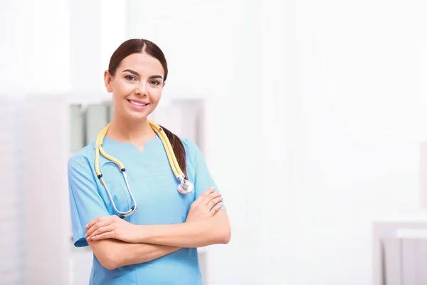 Portrait Medical Assistant Stethoscope Hospital Space Text — Stock Photo, Image