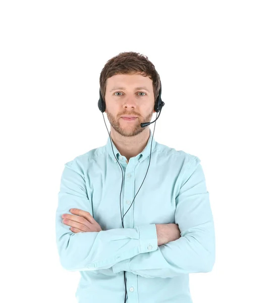 Operador Suporte Técnico Masculino Com Fone Ouvido Isolado Branco — Fotografia de Stock