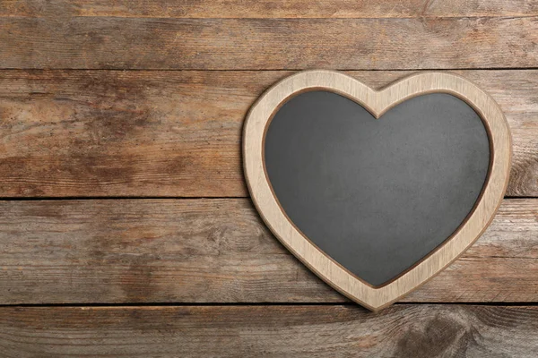 Heart Shaped Chalkboard Wooden Background Top View Space Text — Stock Photo, Image