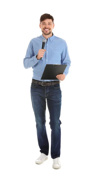 Knappe Man Met Microfoon Klembord Witte Achtergrond — Stockfoto