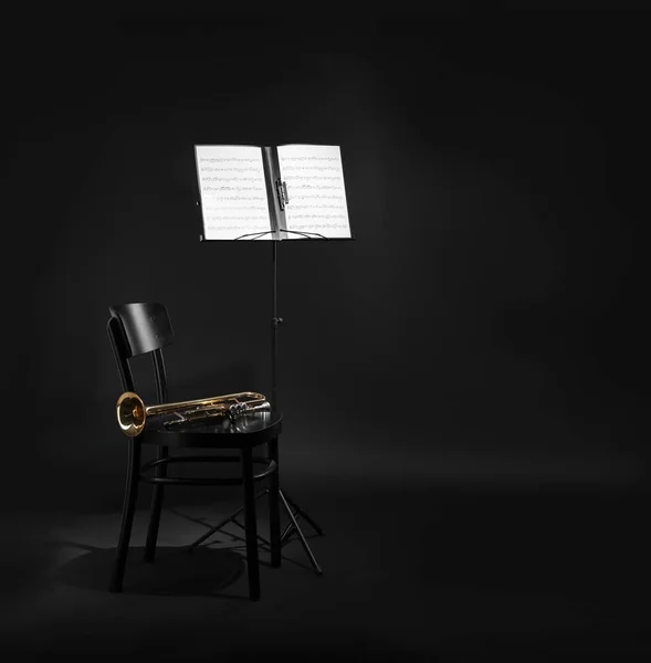 Trumpet Chair Note Stand Music Sheets Black Background Space Text — Stock Photo, Image