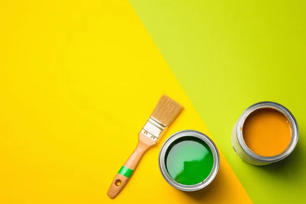 Flat Lay Composition Paint Cans Space Text Color Background — Stock Photo, Image