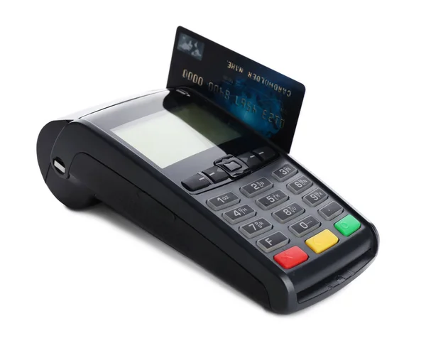 Modernes Zahlungsterminal Mit Kreditkarte Auf Weißem Hintergrund Raum Für Text — Stockfoto