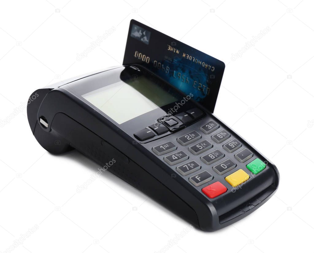 Modern payment terminal with credit card on white background. Space for text