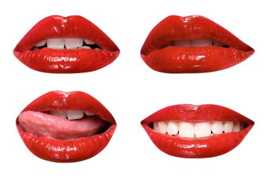 Ağız beyaz izole güzel makyajlı kümesi. Parlak kırmızı ruj