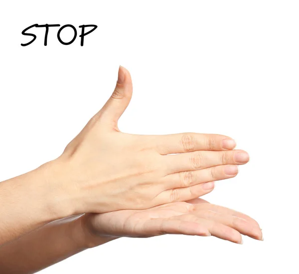 Woman Showing Word Stop White Background Closeup Sign Language — Stock Photo, Image