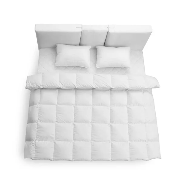 Modern Yatak Rahat Yumuşak Yatak Battaniye Beyaz Arka Planda Üstten — Stok fotoğraf