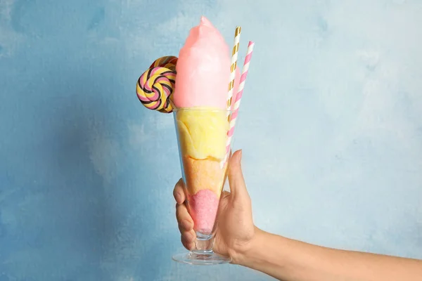 Woman Holding Glass Fluffy Cotton Candy Color Background — Stock Photo, Image