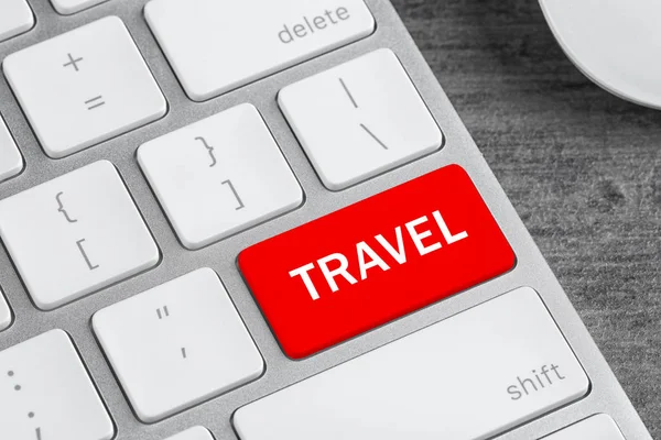 Teclado Computador Com Botão Vermelho Palavra Travel Agência Turismo — Fotografia de Stock