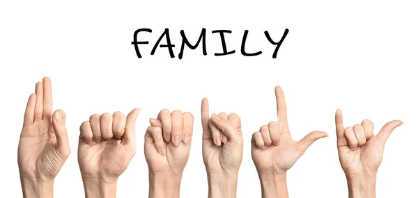 Beyaz Arka Plan Üzerinde Kelime Aile Gösteren Kadın Şaret Dili — Stok fotoğraf