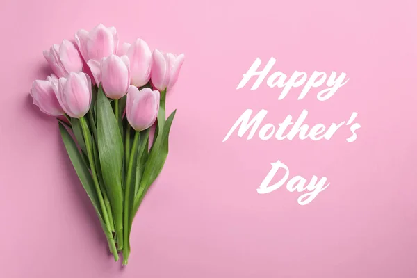 Beautiful Bouquet Tulips Text Happy Mother Day Pink Background Top — Stock Photo, Image