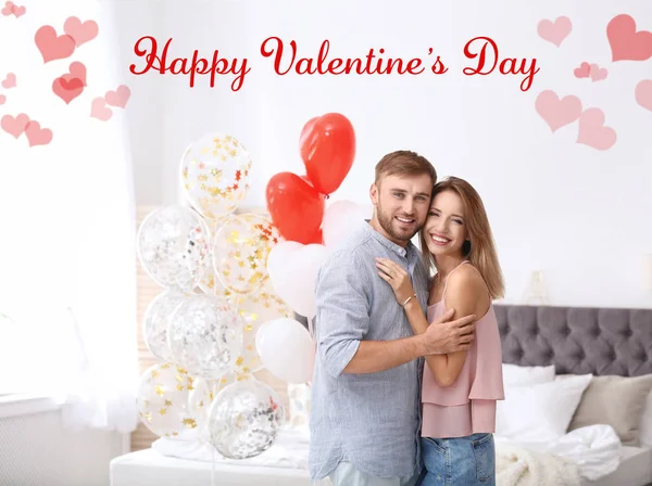 Junges Paar Mit Luftballons Schlafzimmer Und Text Glücklicher Valentinstag — Stockfoto