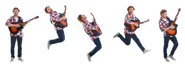 Junger Mann Spielt Akustikgitarre Auf Weißem Hintergrund — Stockfoto