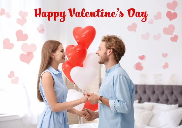 Jong Koppel Met Lucht Ballonnen Slaapkamer Tekst Happy Valentine Day — Stockfoto