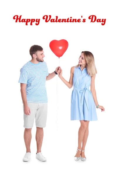 Junges Paar Mit Luftballons Schlafzimmer Und Text Glücklicher Valentinstag — Stockfoto