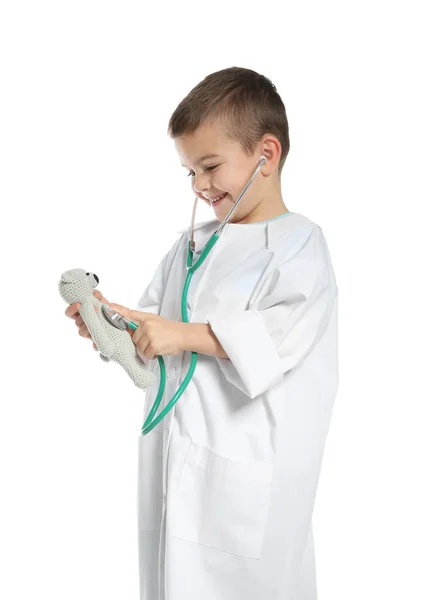 Enfant Mignon Imaginant Médecin Tout Jouant Avec Stéthoscope Jouet Sur — Photo