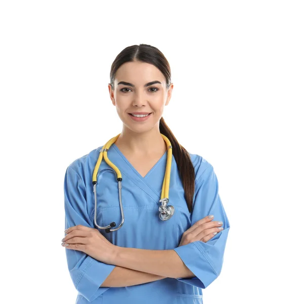 Retrato Del Asistente Médico Con Estetoscopio Tableta Sobre Fondo Claro —  Fotos de Stock