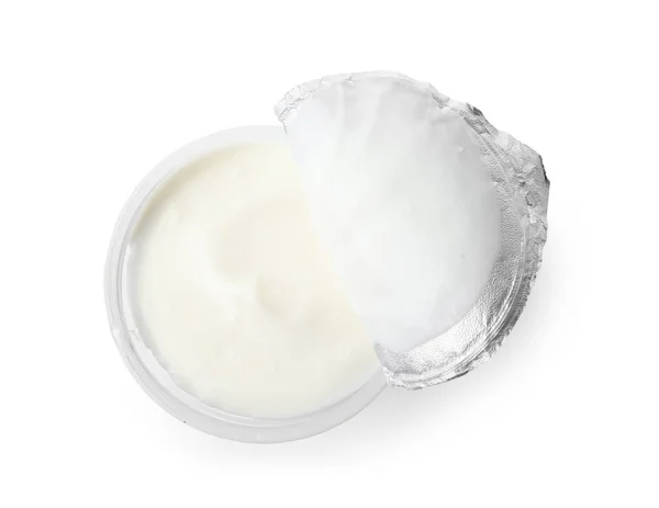 Műanyag Pohár Fehér Háttér Felülnézet Krémes Joghurt — Stock Fotó