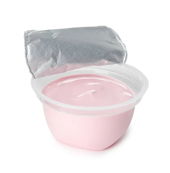 Plastmugg Med Krämig Yoghurt Vit Bakgrund — Stockfoto