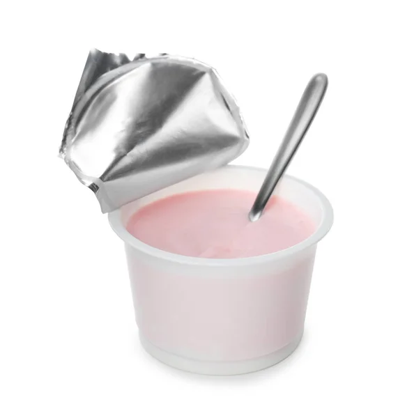 Пластиковая Чашка Сливочным Йогуртом Ложкой Белом Фоне — стоковое фото