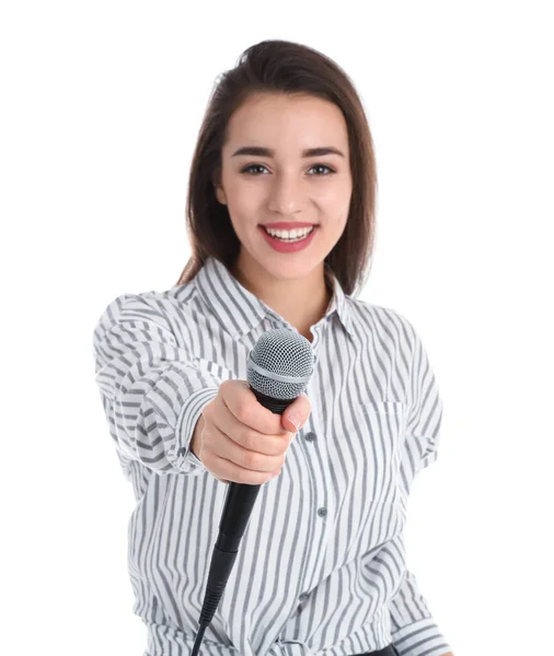 Junge Frau Lässiger Kleidung Mit Mikrofon Auf Weißem Hintergrund — Stockfoto