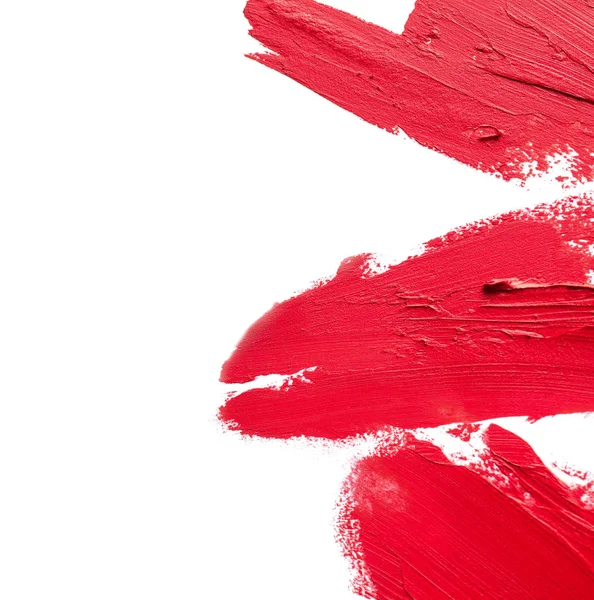 Rode Lippenstift Uitstrijkjes Witte Achtergrond Bovenaanzicht Ruimte Voor Tekst — Stockfoto