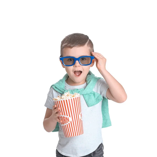 Schattige Kleine Jongen Met Popcorn Kleur Achtergrond Ruimte Voor Tekst — Stockfoto
