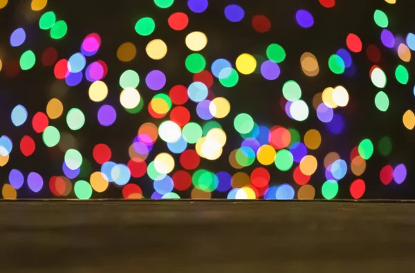 Mesa Madera Vacía Sobre Fondo Bokeh Burla Para Diseño — Foto de Stock