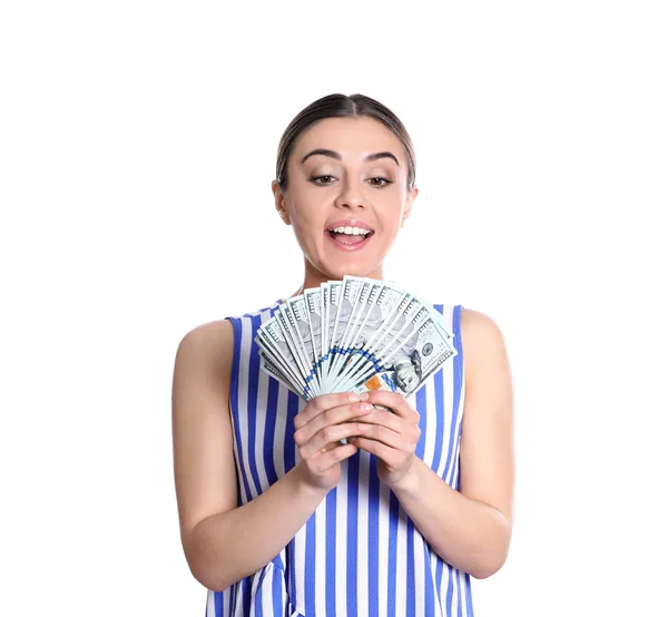 白い背景の上のお金紙幣を保持している若い女性の肖像画 — ストック写真