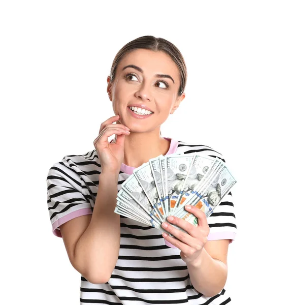 Portrait Young Woman Holding Money Banknotes White Background — Stock Photo, Image