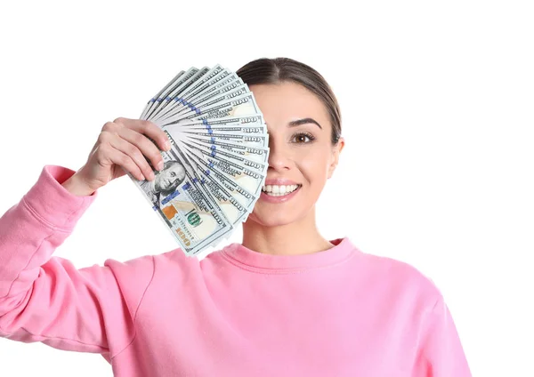 Retrato Mulher Jovem Segurando Notas Dinheiro Fundo Branco — Fotografia de Stock