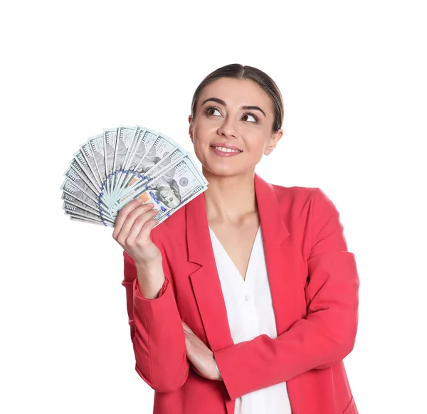 Portrait Young Woman Holding Money Banknotes White Background — Stock Photo, Image