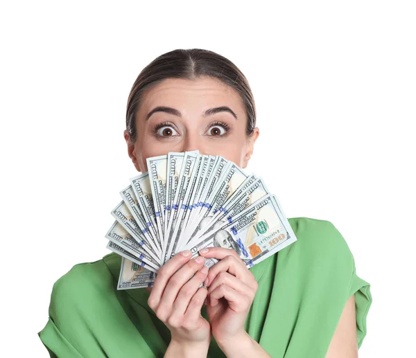 Retrato Mulher Jovem Segurando Notas Dinheiro Fundo Branco — Fotografia de Stock