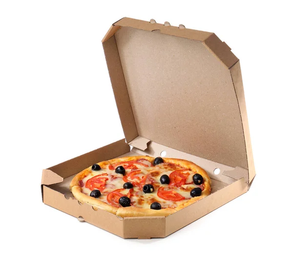 Open Cardboard Box Delicious Pizza White Background Food Delivery Stock Picture