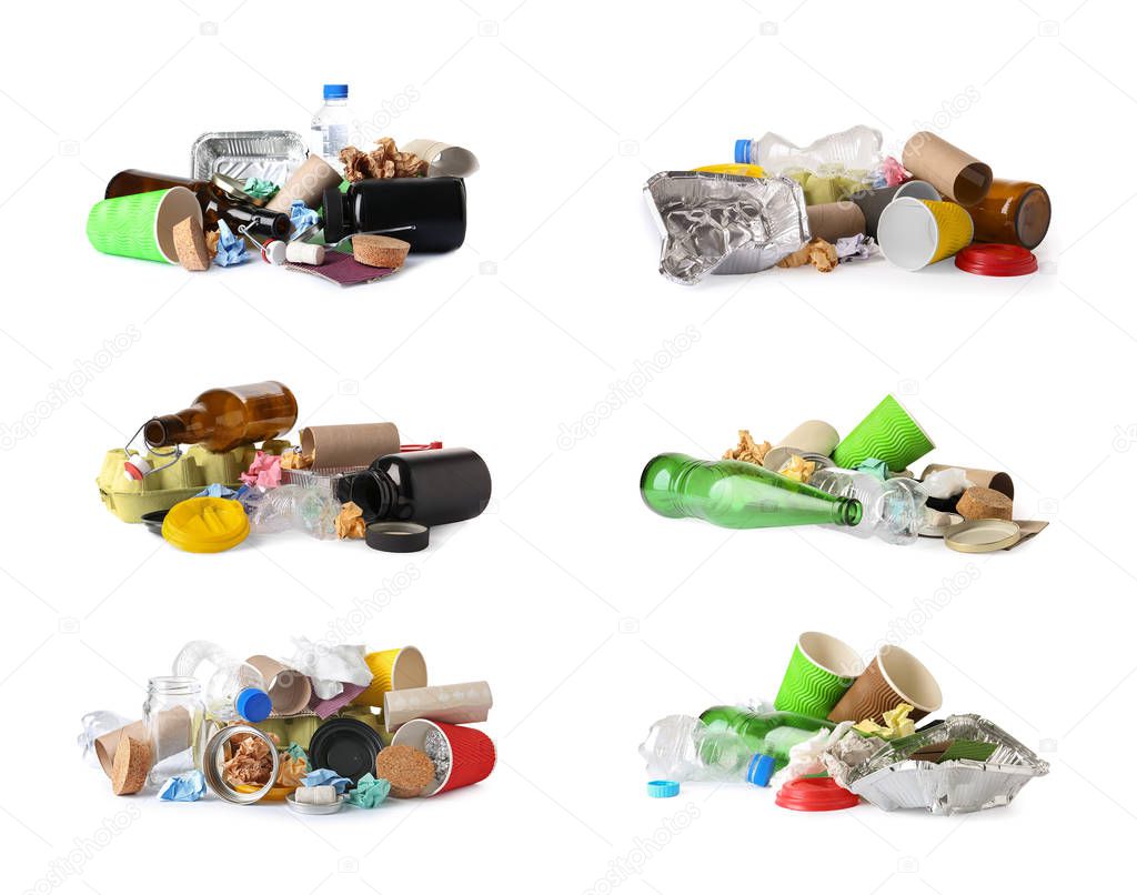 Set of piles with different garbage on white background. Trash recycling