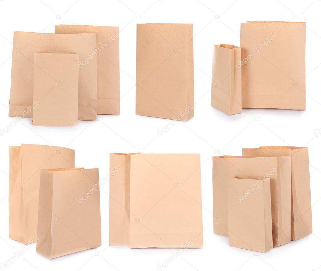 Set of brown paper bags on white background. Mockup for design 