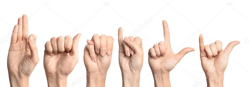 Woman showing word Family on white background. Sign language