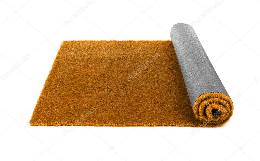 Rolling bright orange carpet on white background