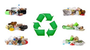 Kazık farklı çöp ile beyaz arka plan üzerinde ayarlayın. Çöp geri dönüşüm sembolü