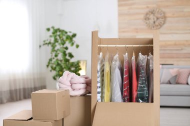 Karton dolap kutusu ile elbise askıları oturma odasında