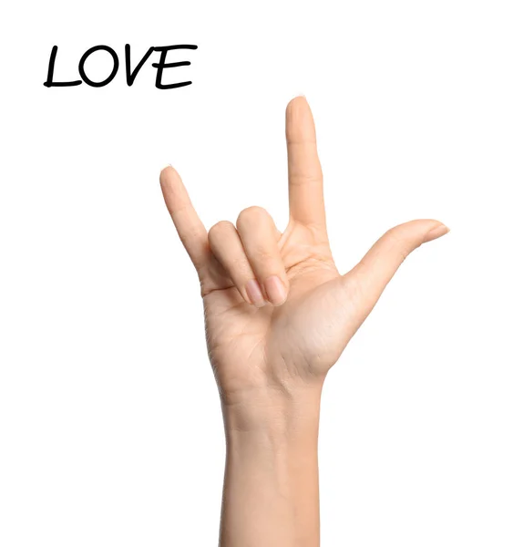 Beyaz Arka Plan Üzerinde Closeup Kelime Sevgi Gösteren Kadın Şaret — Stok fotoğraf