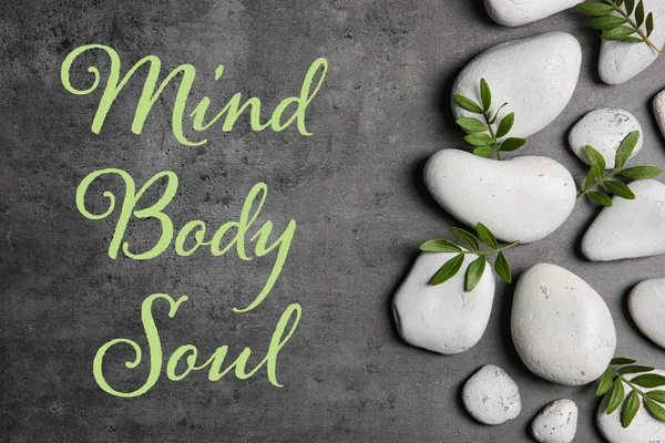 Flat Lay Composition Zen Stones Text Mind Body Soul Grey — Stock Photo, Image