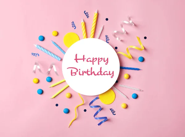 Plat Lag Compositie Bij Partij Objecten Tekst Happy Birthday Roze — Stockfoto