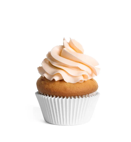 Delicioso Cupcake Con Crema Naranja Clara Sobre Fondo Blanco — Foto de Stock