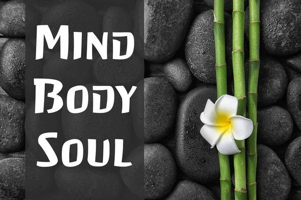 Composition Zen Stones Bamboo Stems Text Mind Body Soul Top — Stock Photo, Image