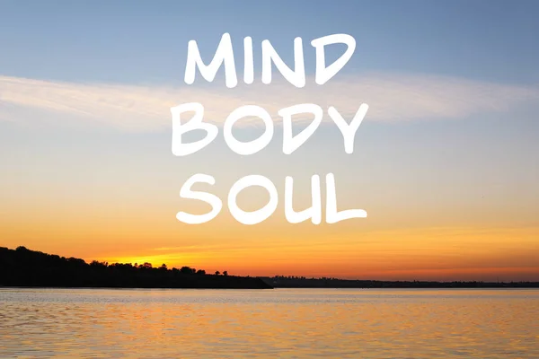 Picturesque View Beautiful Riverside Sunset Text Mind Body Soul Zen — Stock Photo, Image