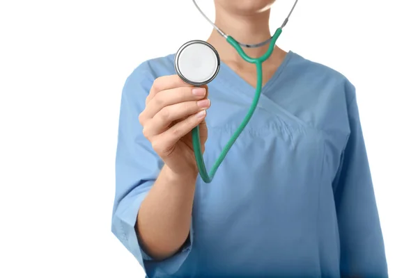 Kadın Doktor Stetoskop Beyaz Arka Planda Closeup Ile Tıbbi Nesne — Stok fotoğraf