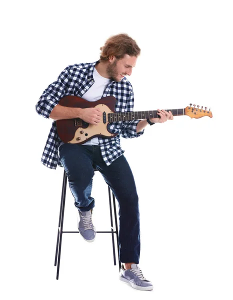 Молодий Чоловік Грає Електричній Гітарі Кольоровому Фоні — стокове фото