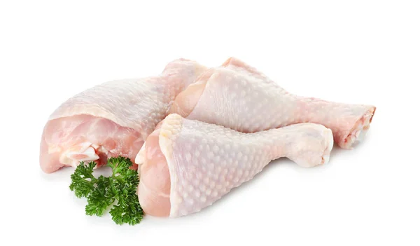 Rohe Hühnertrommeln Mit Petersilie Auf Weißem Hintergrund Frischfleisch — Stockfoto